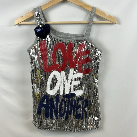 Justice Girls “Love One Another” Sequin Silver Blue Red Tank Shirt Size 12 - Picture 2 of 11